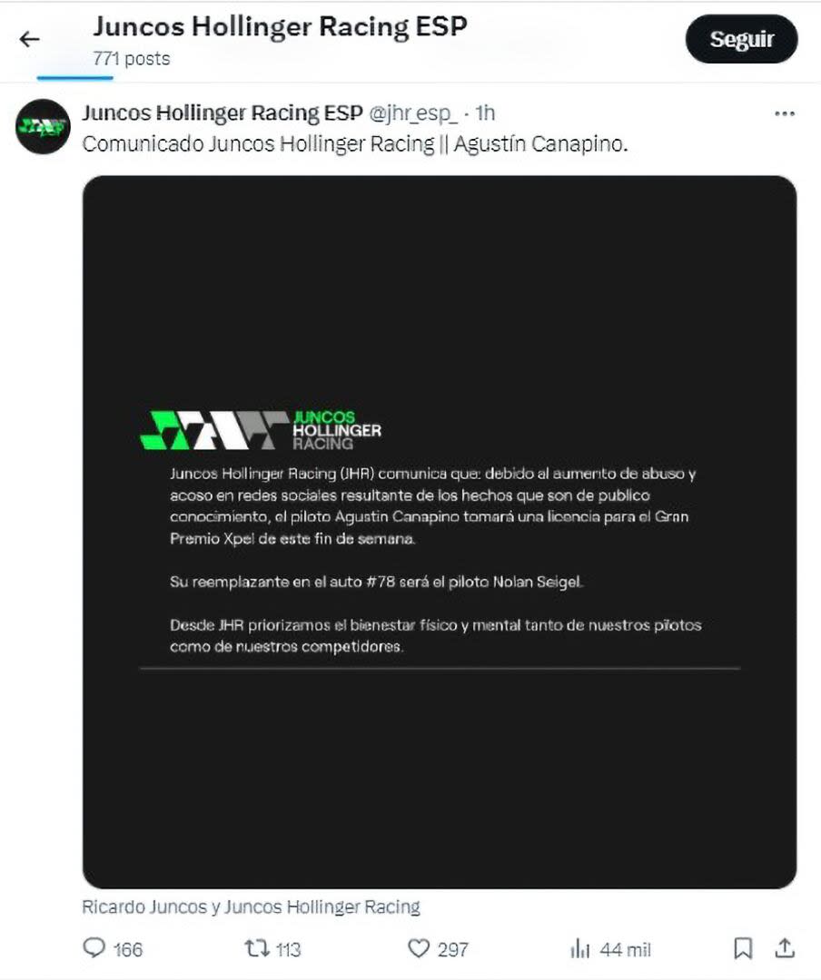 El comunicado de Juncos Hollinger Racing que anunció la no participación de Canapino este fin de semana, y que fue eliminado un rato después de su publicación.