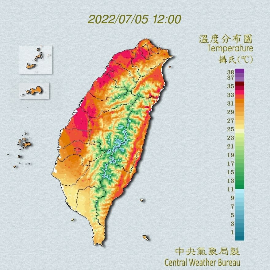 中央氣象局表示，今天東及大台北地區感受炎熱。（圖／中央氣象局）