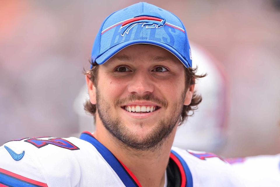 <p>Michael Reaves/Getty</p> Josh Allen #17 of the Buffalo Bills looks on during the second half of a preseason game against the Chicago Bears at Soldier Field on August 26, 2023