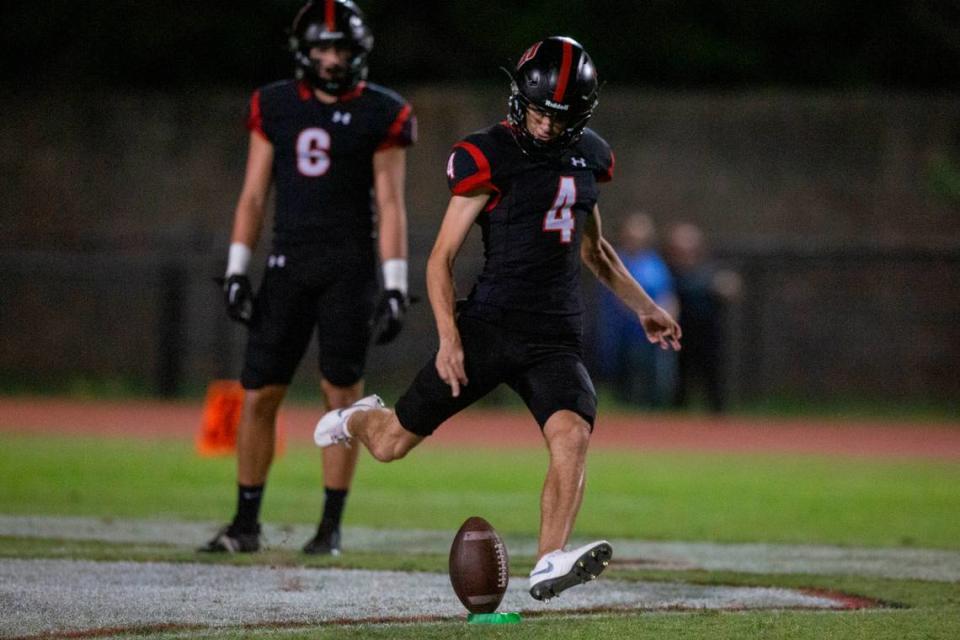 St. Stanislaus’ kicker Evan Noel attempts a field goal kick during a game against the Stone Tomcats at St. Stanislaus High School in Bay St. Louis on Friday, Sept. 29, 2023.