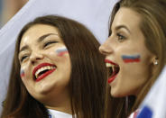 <p>Russian fans shout during the quarterfinal match between Russia and Croatia at the 2018 soccer World Cup in the Fisht Stadium, in Sochi, Russia, Saturday, July 7, 2018. (AP Photo/Darko Bandic) </p>