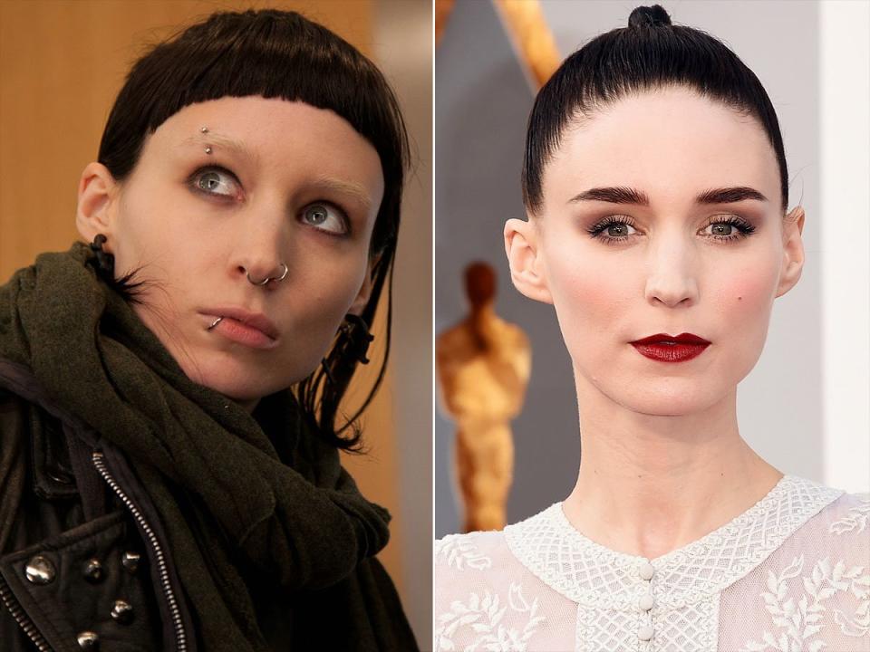 Mara was nearly unrecognizable after transforming into her stylistic opposite: punk computer hacker Lisbeth Salander in <em>The </em><em>Girl with the Dragon Tattoo. </em> Celebrity hairdresser Danilo was brought in to chop off the actress's normally long, wavy brown locks and dye her remaining hair black, according to<em><a href="https://www.hollywoodreporter.com/fash-track/rooney-mara-dragon-tattoo-style-273698" rel="nofollow noopener" target="_blank" data-ylk="slk:The Hollywood Reporter;elm:context_link;itc:0;sec:content-canvas" class="link "> The Hollywood Reporter</a>. </em>Her eyebrows were later dyed blonde. The outlet also reported that she got her nipple pierced for added authenticty, in addition to the other fake tattoos and piercings she had applied. "I thought, 'She has it in the book, and she should have it (in the movie)," Mara <a href="https://www.hollywoodreporter.com/fash-track/rooney-mara-dragon-tattoo-style-273698" rel="nofollow noopener" target="_blank" data-ylk="slk:reportedly;elm:context_link;itc:0;sec:content-canvas" class="link ">reportedly</a> told <em>Allure </em>of the piercing. "Because of all the tattoos and the makeup and the piercings, and the physical transformations my body has to go through, it would always feel sort of like I was in costume, even if I was naked. Mara later admitted her style was never the same after filming the movie. "I used to wear a lot of girlie, frilly things," she told <em>THR</em>. "Now I buy things that are more comfortable, and more utilitarian, and sort of boyish."