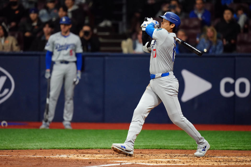 大谷與達比修的MLB第2次對決，大谷擊出安打後，還盜上二壘。(Photo by Daniel Shirey/MLB Photos via Getty Images)