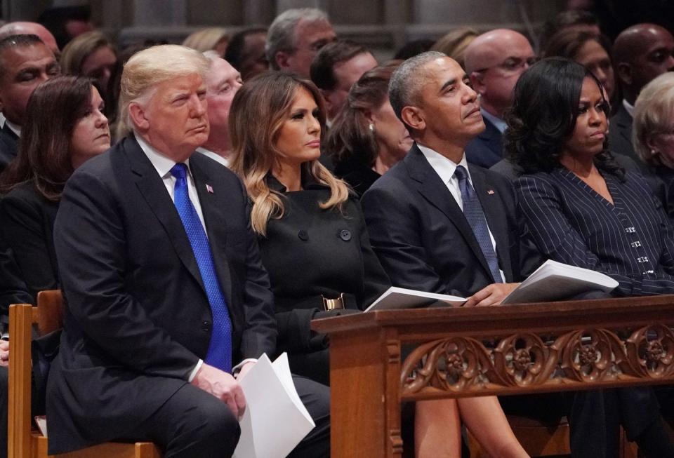 <p>The Trumps and Obamas at the funeral.</p>