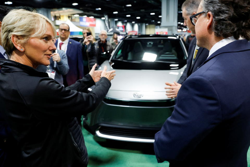 US Energy Secretary Jennifer Granholm views an electric vehicle — the Toyota bZ4X — on a visit to the Washington Auto Show in Washington, on Jan. 25, 2023.  REUTERS/Jonathan Ernst