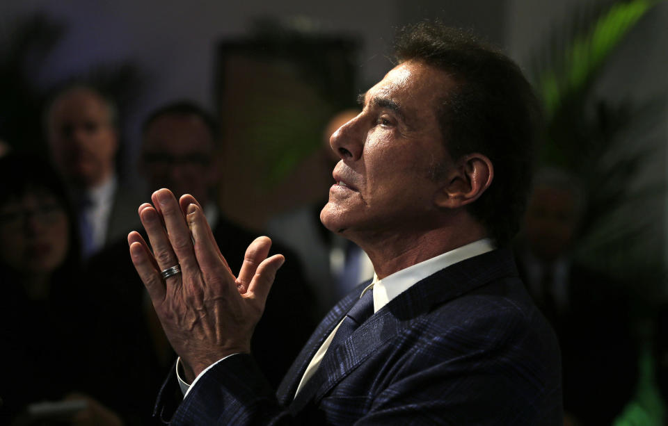 FILE - Former Las Vegas casino mogul Steve Wynn gestures at a news conference in Medford, Mass., March 15, 2016. An effort by Nevada casino regulators to impose a $500,000 fine and discipline former Las Vegas casino mogul Wynn over allegations of workplace sexual misconduct had new life Friday, April 1, 2022, after a state Supreme Court decision in a jurisdictional question. Wynn denies all allegations against him. (AP Photo/Charles Krupa, File)