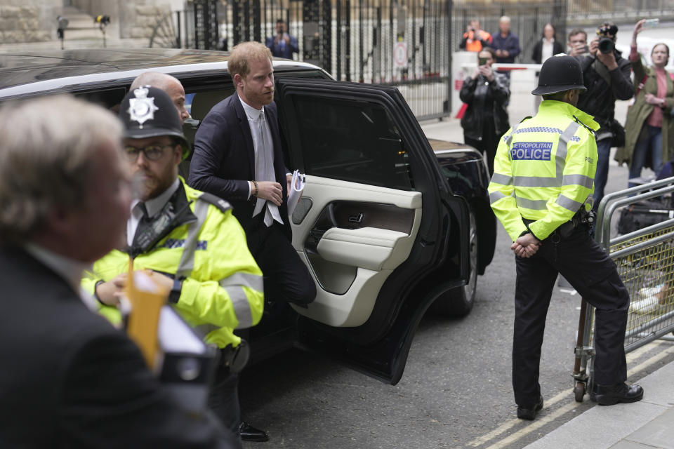 Prince Harry arrives at the High Court in London, Wednesday, June 7, 2023. Prince Harry has given evidence from the witness box and has sworn to tell the truth in testimony against a tabloid publisher he accuses of phone hacking and other unlawful snooping. He alleges that journalists at the Daily Mirror and its sister papers used unlawful techniques on an "industrial scale" to get scoops. Publisher Mirror Group Newspapers is contesting the claims. (AP Photo/Kin Cheung)