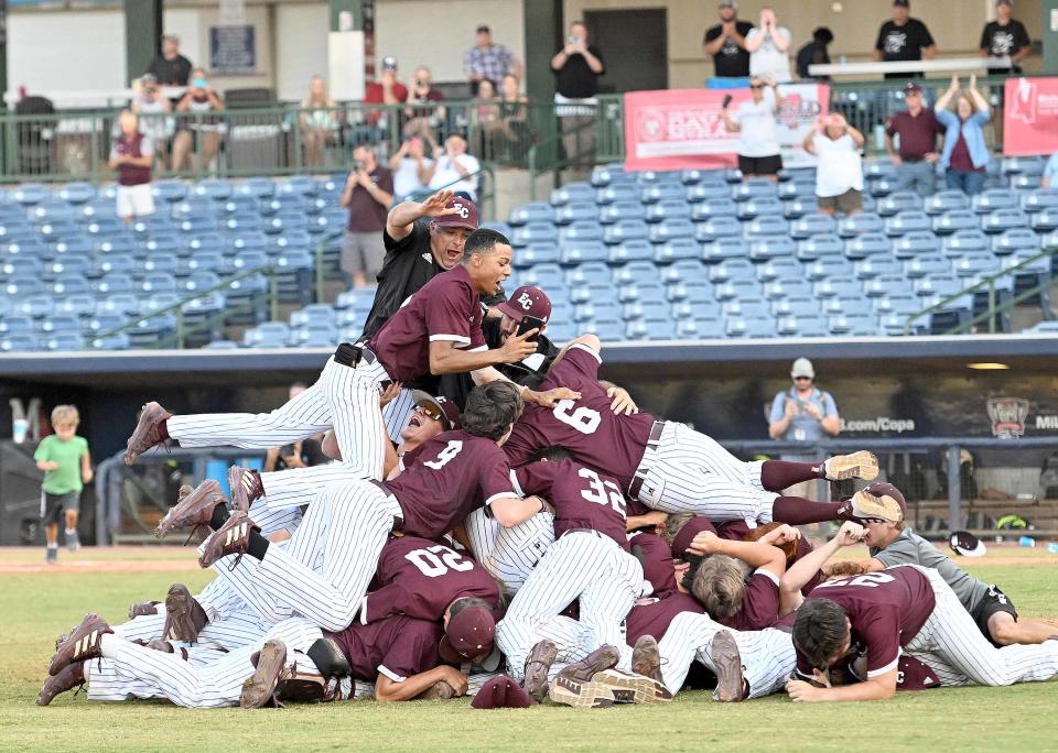 The East Central Hornets celebrate after beating Saltillo in the third game to win the MHSAA Class 5A Baseball State Championship on Saturday, June 3, 2023, at Trustmark Park in Pearl, Miss.