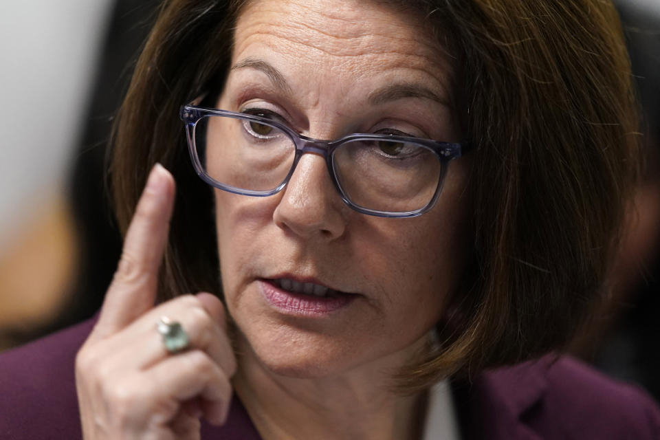 FILE - Sen. Catherine Cortez Masto, D-Nev., speaks during an event on July 1, 2022, in Las Vegas. The consequences of drought and efforts to funnel billions of dollars toward securing water supplies in the West are becoming larger issues in two of the most consequential races for the U.S. Senate. Two vulnerable incumbents whose states are hit hardest by the cuts — Catherine Cortez Masto of Nevada and Mark Kelly of Arizona — seized on the opportunity to seek funding through the federal legislation. (AP Photo/John Locher, File)