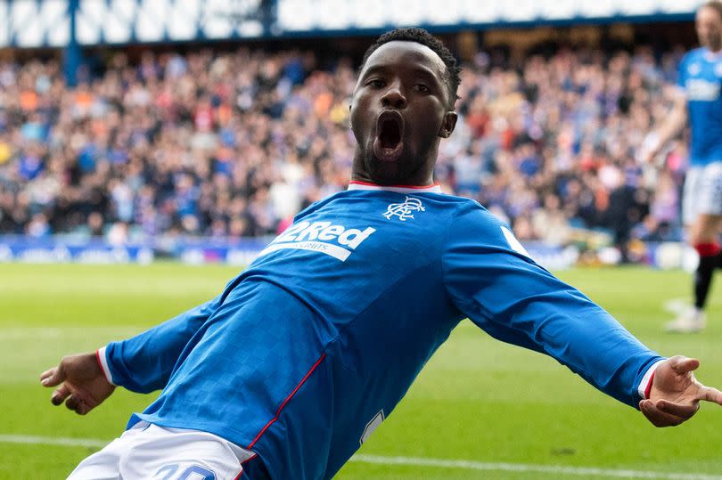 Fashion Sakala celebrates scoring during a cinch Premiership match between Rangers and St Mirren