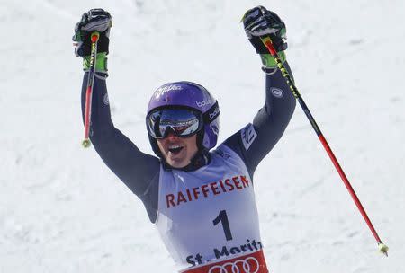 Alpine Skiing - FIS Alpine Skiing World Championships - Women's Giant Slalom - St. Moritz, Switzerland - 16/2/17 - Gold medalist Tessa Worley of France reacts at the finish line. REUTERS/Denis Balibouse