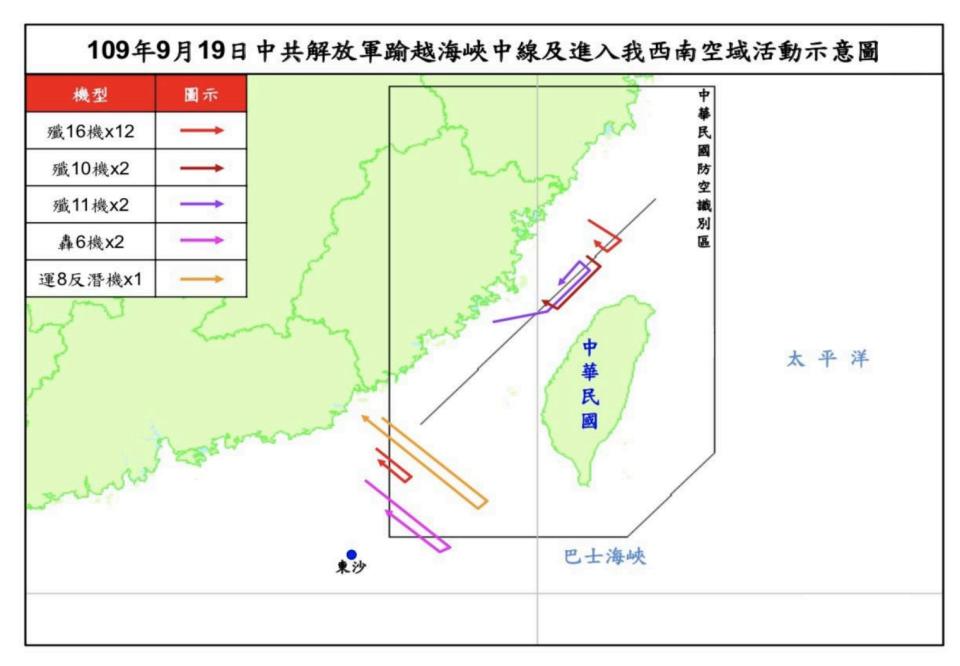 空軍司令部今天說，共軍今天上午共有2架轟6機、12架殲16機、2架殲11機，2架殲10機，以及1架運8反潛機逾越海峽中線並進入台灣西南空域，空軍以派遣空中巡邏及緊急起飛等兵力應對、廣播驅離，並以防空飛彈追蹤監控。(國防部提供)