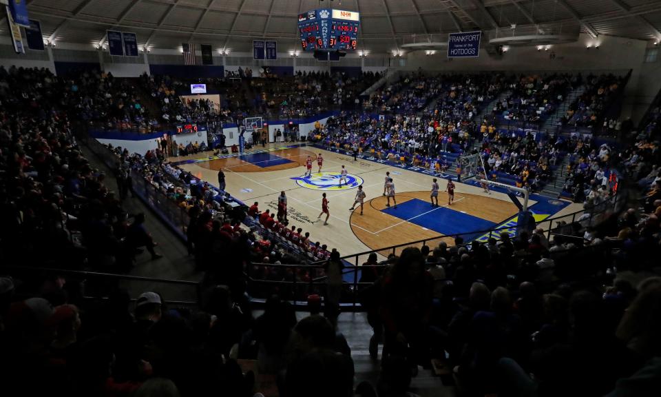 Fans packed into the stadium during the IHSAA boy’s basketball game between the Frankfort Hot Dogs and the Rossville Hornets celebrating the 30th anniversary of the film “Blue Chips”, Saturday, Jan. 13, 2024, at Case Arena in Frankfort, Ind.