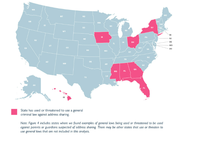 States that use general laws to criminalize address sharing