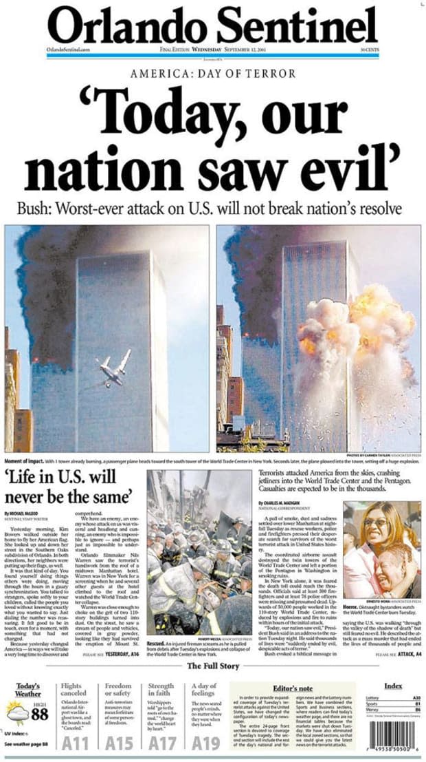 <p>"'Today, our nation saw evil': Bush: Worst-ever attack on U.S. will not break nation's resolve"</p>