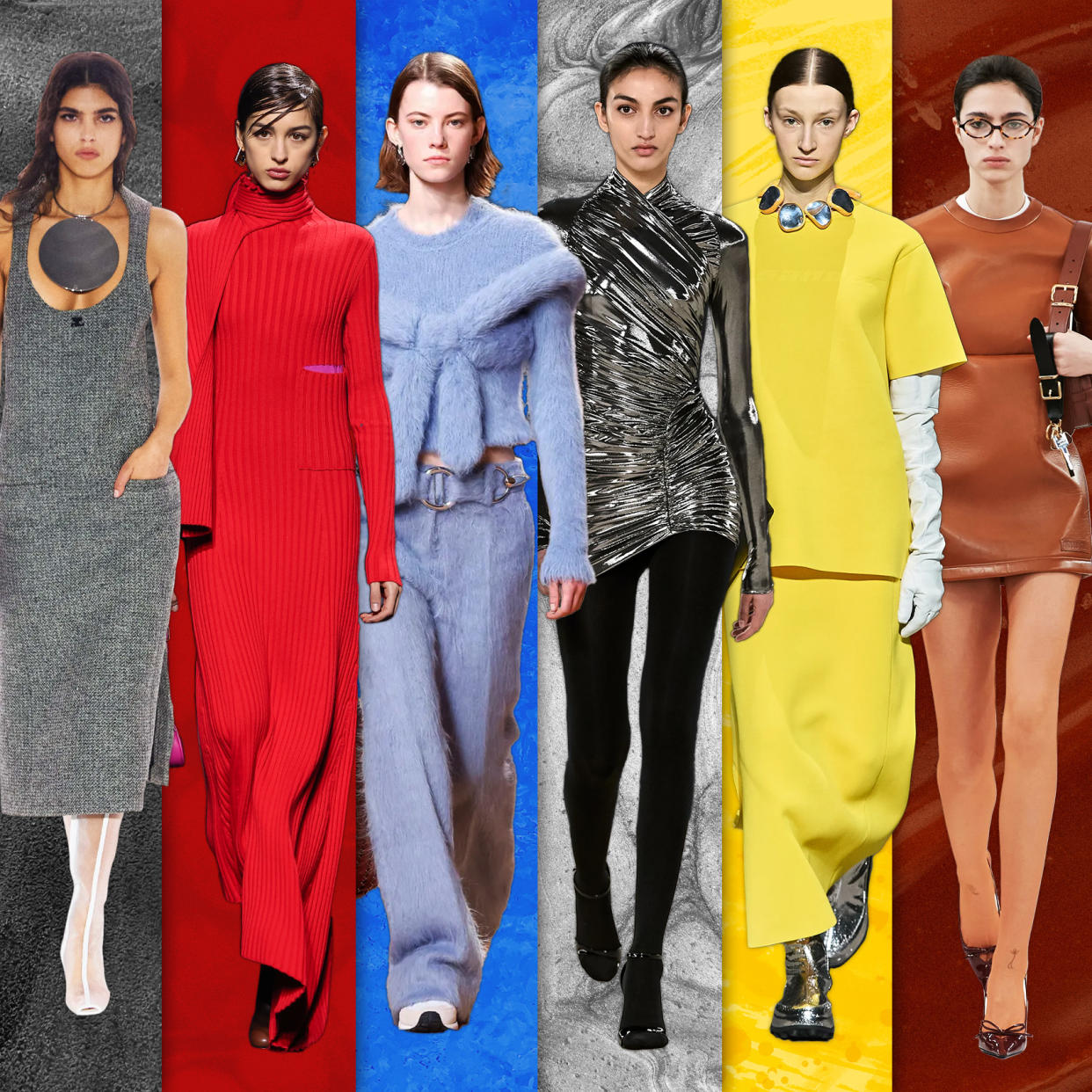  Future made graphic of fall 2023 color trends red blue yellow silver grey and brown. 