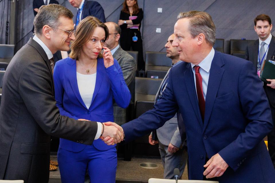 Foreign Minister Dmytro Kuleba and Dutch Foreign Minister Hanke Bruins Slot talk to UK Foreign Secretary David Cameron (EPA)