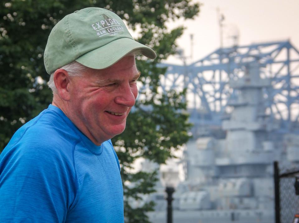 Explore New England host and executive producer Tom Richardson conducts an interview at Heritage State Park in Fall River on Tuesday, June 6, 2023.