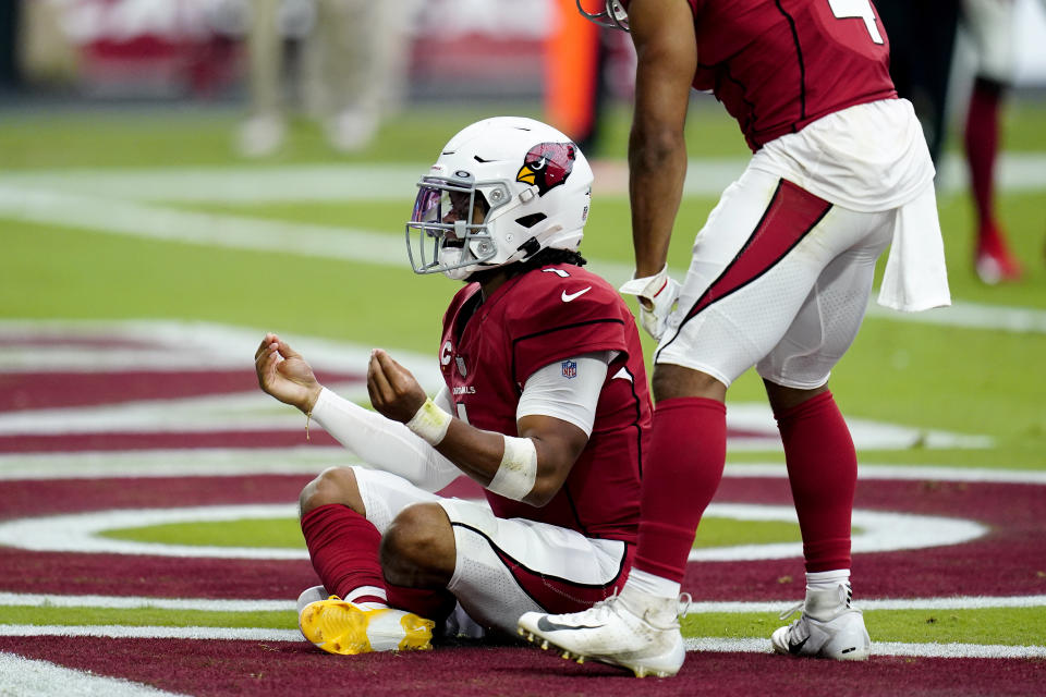 Arizona Cardinals quarterback Kyler Murray (1) celebrates his touchdown against the Minnesota Vikings during the first half of an NFL football game, Sunday, Sept. 19, 2021, in Glendale, Ariz. (AP Photo/Ross D. Franklin)