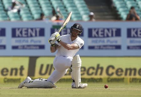 First Test cricket match - Saurashtra Cricket Association Stadium, Rajkot, India - 10/11/16. England's Ben Stokes misses a shot. REUTERS/Amit Dave