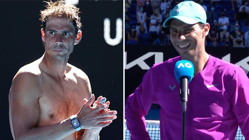 Rafa Nadal (pictured right) having a laugh during an interview and (pictured left) clapping his opponent off.