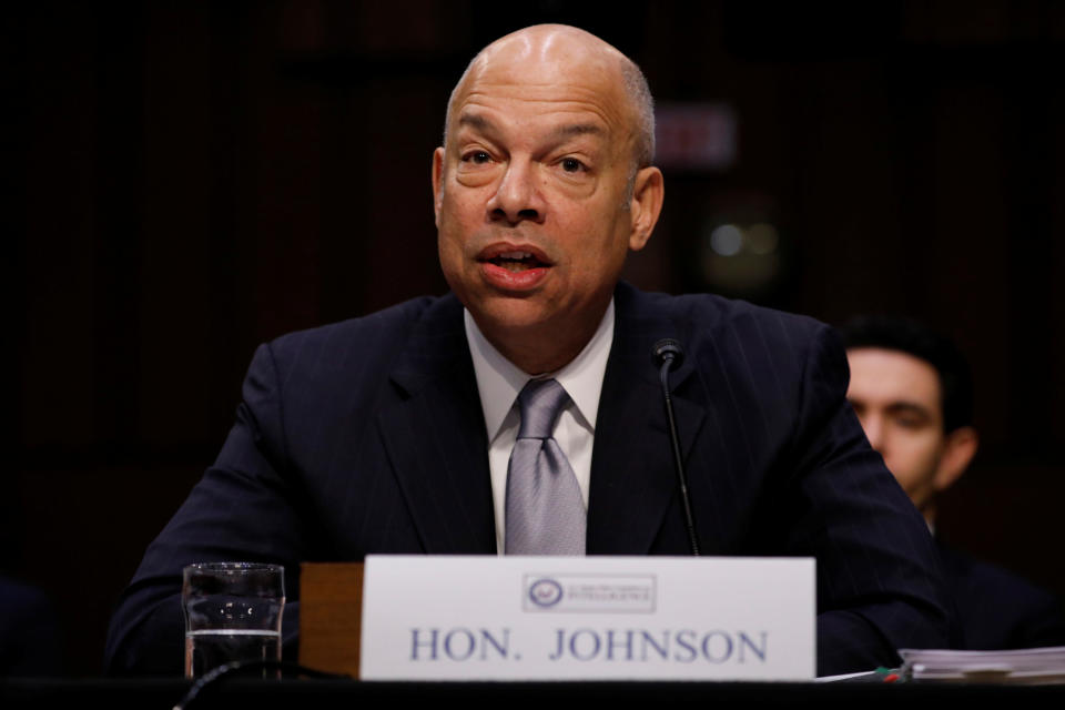 Former Homeland Security Secretary Jeh Johnson testifies before the Senate Intelligence Committee about election security on Capitol Hill in Washington, March 21, 2018. (Photo: Aaron P. Bernstein/Reuters)