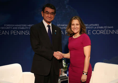Canada’s Minister of Foreign Affairs Chrystia Freeland holds a bilateral meeting with the Japan's Minister of Foreign Affairs Taro Kono in Vancouver, British Columbia, Canada, January 15, 2018. REUTERS/Ben Nelms