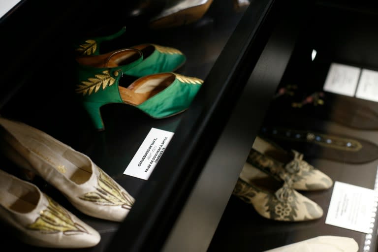 Shoes are pictured during an exhibition of the wardrobe of Elisabeth, Countess Greffulhe, who used her formidable social connections to support the scientist Marie Curie, the first woman to win a Nobel prize