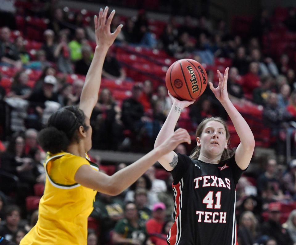 Texas Tech's guard Katie Ferrell (41) shoots the ball against Baylor in a Big 12 basketball game, Saturday, Jan. 28, 2023, at United Supermarkets Arena. 