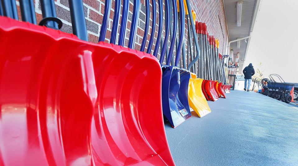 Snow shovels lined up outside Curry Ace Hardware in Quincy, Wednesday Jan. 26, 2022.