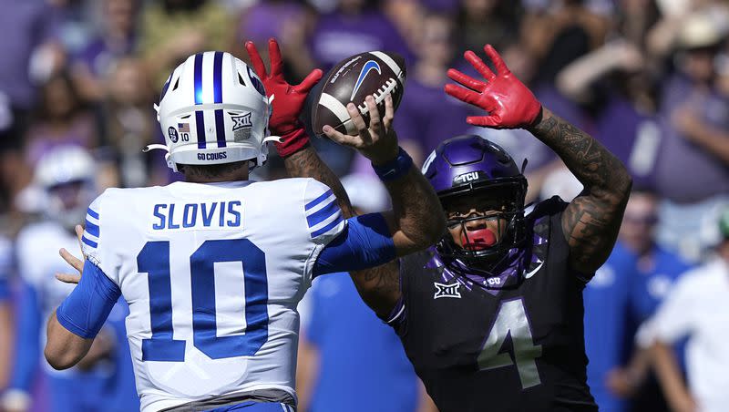 TCU linebacker Namdi Obiazorputs pressure on BYU quarterback Kedon Slovis during the Horned Frogs’ victory over the Cougars Saturday, Oct. 14, 2023, in Fort Worth, Texas.