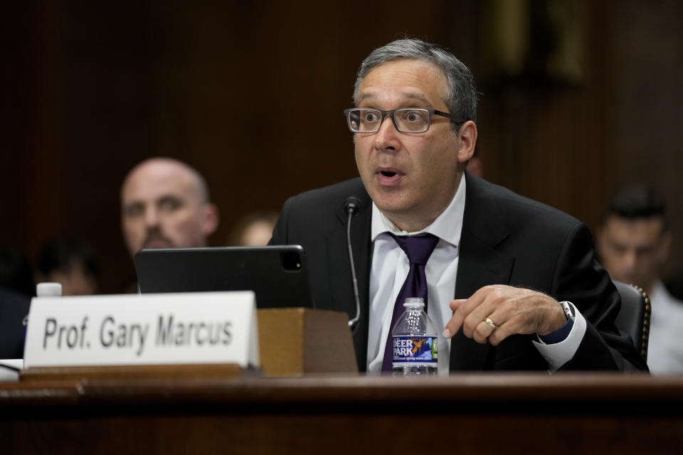 NYU Professor Emeritus Gary Marcus speaks before a Senate Judiciary Subcommittee on Privacy, Technology and the Law hearing on artificial intelligence, Tuesday, May 16, 2023, on Capitol Hill in Washington. (AP Photo/Patrick Semansky)
