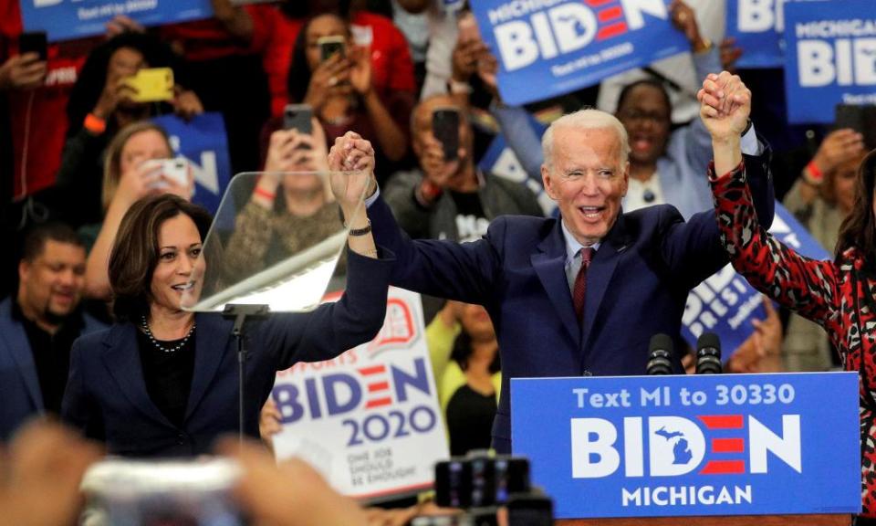 Kamala Harris and Joe Biden during a campaign stop in Detroit, Michigan, on 9 March.