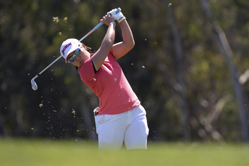 Nasa Hataoka, of Japan, plays her second shot on the fourth hole during the final round of the Kia Classic LPGA golf tournament Sunday, March 31, 2019, in Carlsbad, Calif. (AP Photo/Orlando Ramirez)