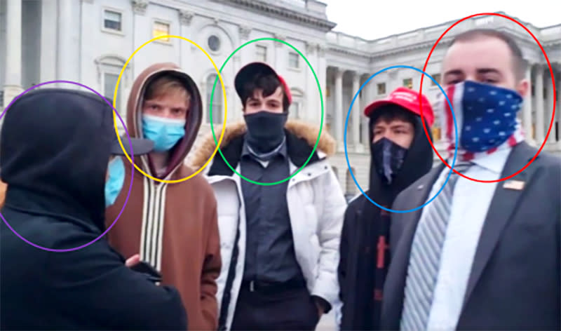 Standing on the east side of the Capitol with Joseph Brody (circled in red) are Gabriel Chase (circled in blue), Paul Lovley (circled in orange), Thomas Carey (circled in purple) and Jon Lizak (circled in green). (U.S. Court, District of Columbia)