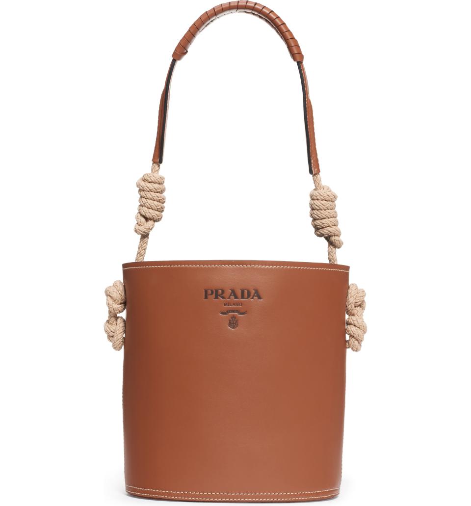 Prada Woven Top Handle Leather Bucket Bag