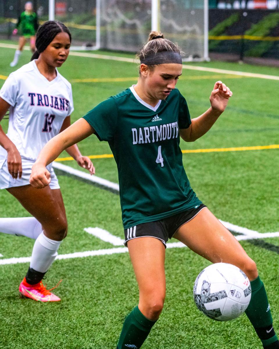 Dartmouth's Sarah Kelly controls the bouncing ball along the sidelines.