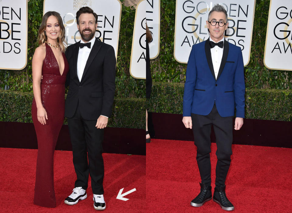 <p>Olivia Wilde looked stunning, so we’ll leave her out of this. But Jason Sudeikis’s Air Jordans and Alan Cumming’s black high tops (R) were a little too informal for the red carpet. <i> (Photos: Getty) </i> </p>