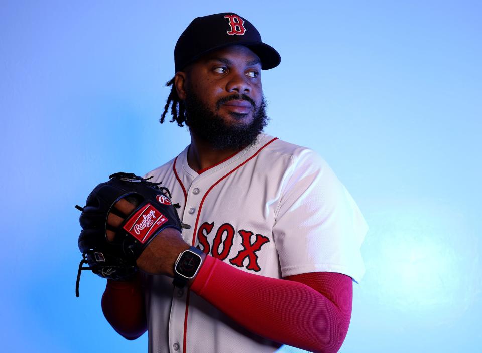 FORT MYERS, FLORIDA - FEBRUARY 20: Kenley Jansen #74 of the Boston Red Sox poses for a portrait at JetBlue Park at Fenway South on February 20, 2024 in Fort Myers, Florida. (Photo by Elsa/Getty Images)