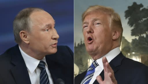 Russian leader Vladimir Putin (left) is evoked by the titular Mikado character while US President Donald Trump is represented as a composite of several characters