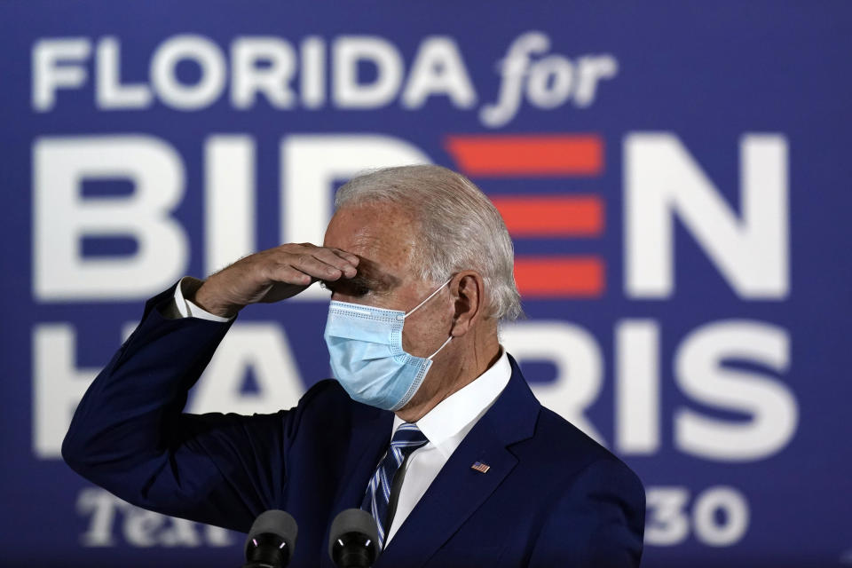 Democratic presidential candidate former Vice President Joe Biden arrives to speak at Southwest Focal Point Community Center in Pembroke Pines, Fla., Tuesday Oct. 13, 2020. (AP Photo/Carolyn Kaster)