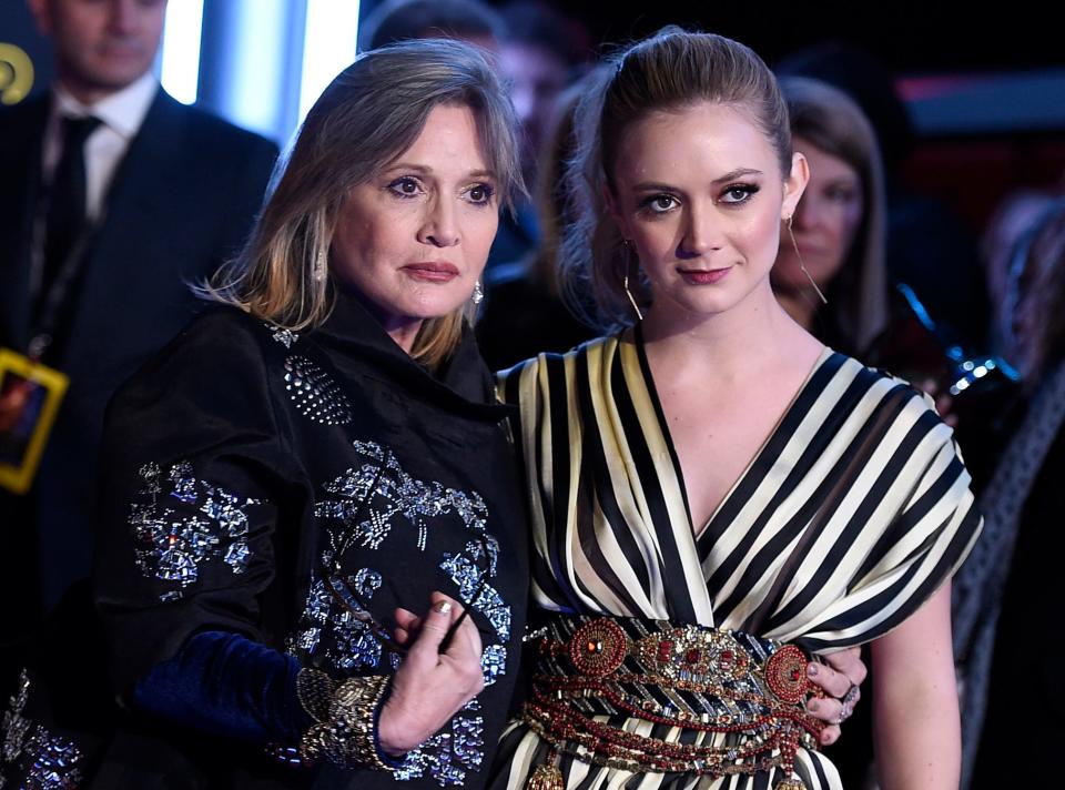 Billie Lourd (right), who lost her late mother Carrie Fisher (left) six years ago, is embracing the bittersweetness of living with grief.