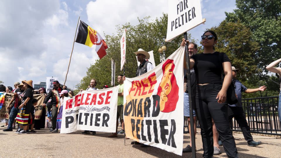 People gather for a rally outside of the White House in support of imprisoned Native American activist Leonard Peltier, on September 12, 2023. - Stephanie Scarbrough/AP