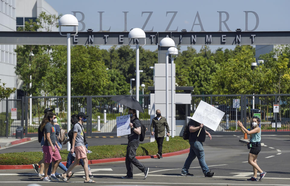 Blizzard Entertainment employees and supporters protest for better working conditions in Irvine, CA, on Wednesday, July 28, 2021. (Photo by Jeff Gritchen/MediaNews Group/Orange County Register via Getty Images)