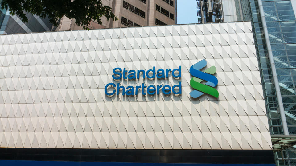 Hong Kong Central China April 02 2019 Standard Chartered Bank headquarters building in Central, wide of sign - Image.