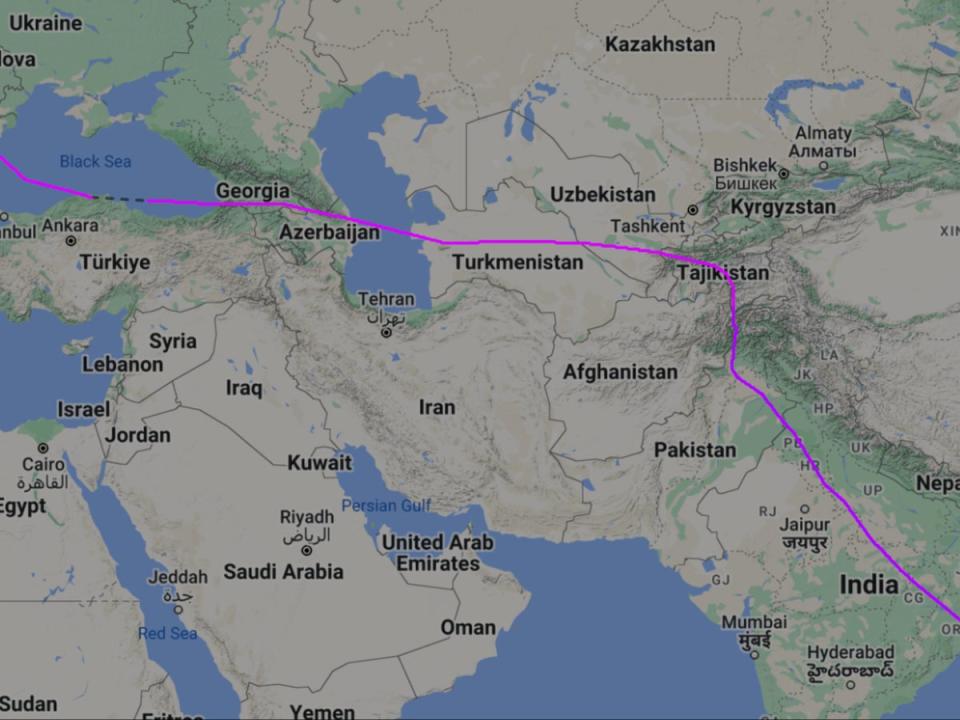 Long and winding: Path of Qantas flight QF9 from Perth to London Heathrow on 11-12 April (Flightradar24)