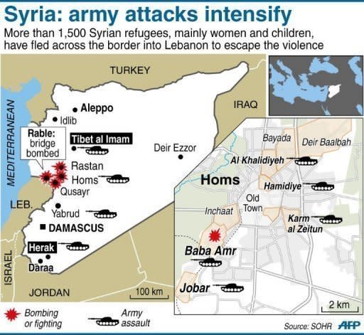 Map of Syria and the centre of Homs. Syrian authorities have allowed a Red Crescent team to enter the battered Homs neighbourhood of Baba Amr after five days of seeking access, as the UN aid chief held talks in Damascus