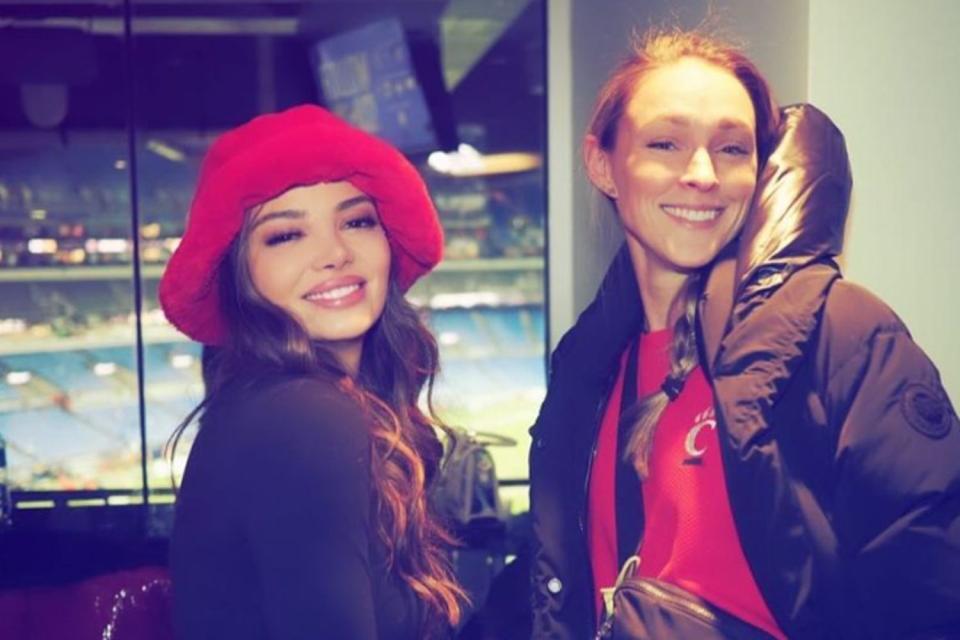 <p>Kylie Kelce/Instagram</p> Keleigh Sperry and Kylie Kelce pose together at the Chiefs-Ravens game