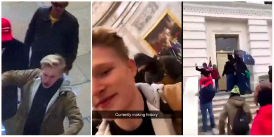 Side by side images show Capitol security footage with a man identified as Leonard Pearso Ridge from January 6; Snapchat footage of a man identified as Ridge, captioned: "Currently making history"; and an image of people entering the Capitol.