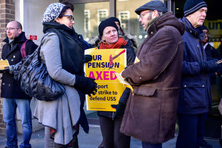 Protesters hold banners outside the University of London, Britain February 22, 2018. REUTERS/Peter Summers